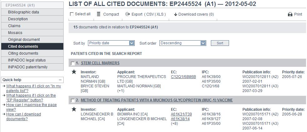 CITAÇÃO DE DOCUMENTOS Cited : Documentos citados pelo requerente, no Search