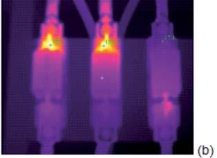 Discussão da importância da prevenção Figura 3 (a), (b) Inspeção termográfica na área elétrica (a) e com auxílio de uma câmara termográfica foi detectado um mau contato nas pinças dos fusíveis (b).