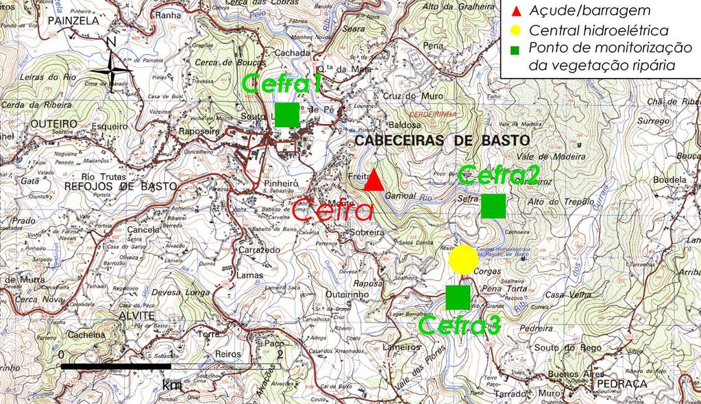 12 Local de monitorização a jusante da mini-hídrica de Terragido (Terragido3) (FLOWBASE, 2013). 3.1.7 Cefra O aproveitamento hidroelétrico de Cefra localiza-se no concelho de Cabeceiras de Basto, no distrito de Braga, no rio Ouro (Figura 3.