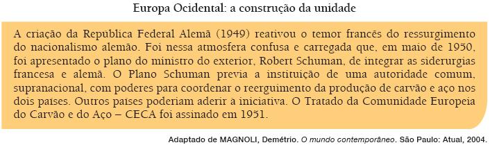 QUESTÃO 9 A criação da CECA deu origem a um conjunto de iniciativas de integração no continente europeu, dentre elas, as raízes da própria União Europeia.