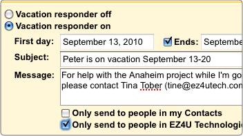 Clique nas Configurações do Gmail (guia Geral) enavegue até Resposta automática de férias. Escreva sua resposta automática e especifique o intervalo de tempo em que ela será enviada.