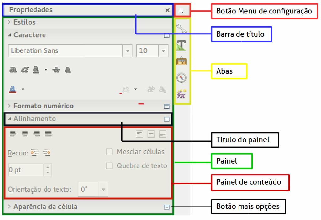 Painel de tarefas A Barra lateral do Calc (Exibir > Barra lateral) fica localizada no lado direito da janela.