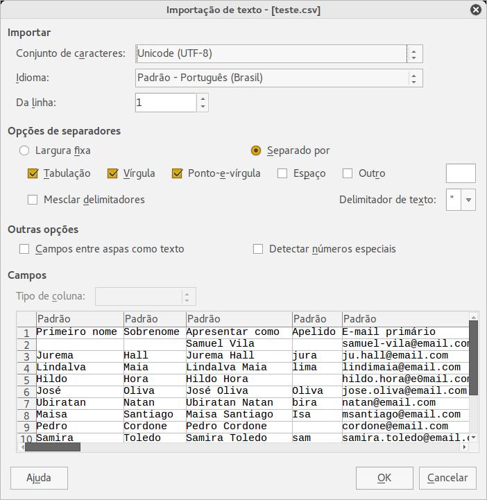 Figura 6: Caixa de diálogo Importação de texto Delimitador de texto seleciona um caractere para delimitar dados texto.