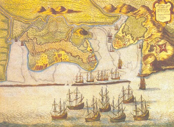 Neste mapa, o povoado do Recife está cercado por uma muralha. A ponte não está representada. O Forte São Jorge está assinalado como Forte q foi nosso e o forte do Brum como o forte q fez o inimigo.