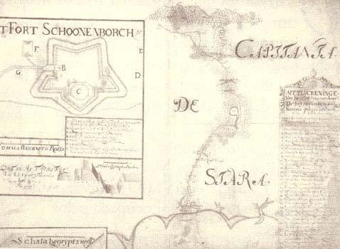 FIGURA 35 - FORTE SCHOONENBORCH, CEARÁ, 1649. Fonte: REIS FILHO, 2001, pág. 350. A gravura publicada por Barlaeus mostra o forte holandês e está datada de 1645.