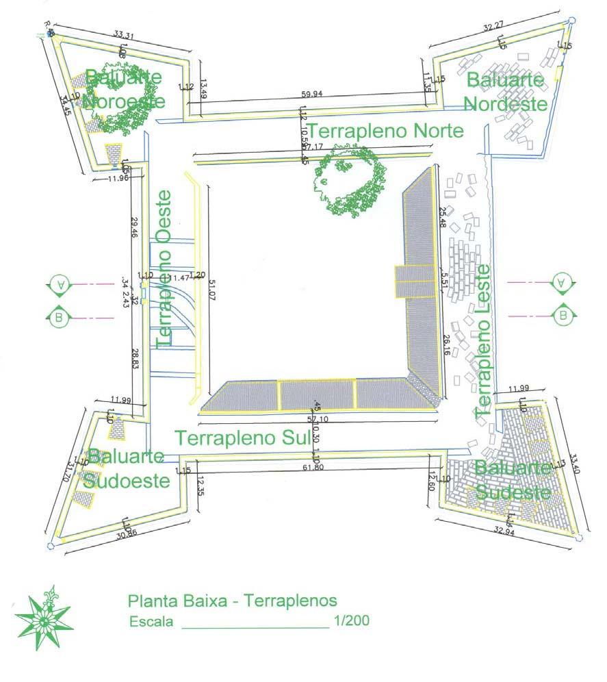 A Planta Baixa dos Terraplenos mostra a disposição destes e a coberta dos quartéis, como se encontram hoje.