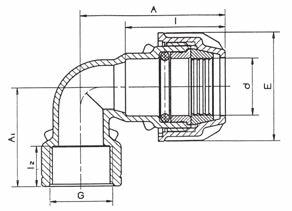 Conexões de Compressão Joelho 90 Compressão com Rosca Fêmea Codo de 90 Compresión con Rosca Hembra Bitola d x G E I I2 A A1 Peso (g) Código 20 x 1/2" 42 44 17 56 42 29 37624314 20 x 3/4" 42 44 18 56