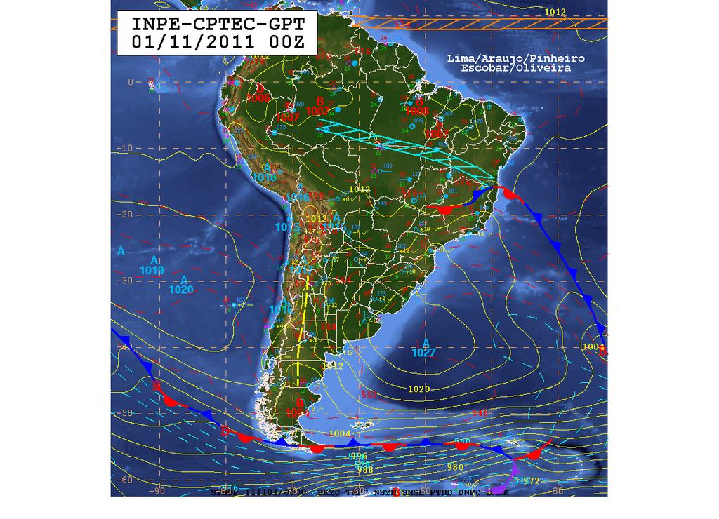 Figura 9. Carta sinótica da América do Sul para a superfície às 00 UTC do dia 01 de novembro de 2011. Fonte: CPTEC/INPE. 3.