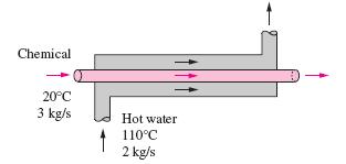 3. Um trocador de calor duplo tubo, de paredes finas, com fluxo paralelo é usado para aquecer um produto químico, cujo calor específico é igual a 1800 J/kg com água quente.