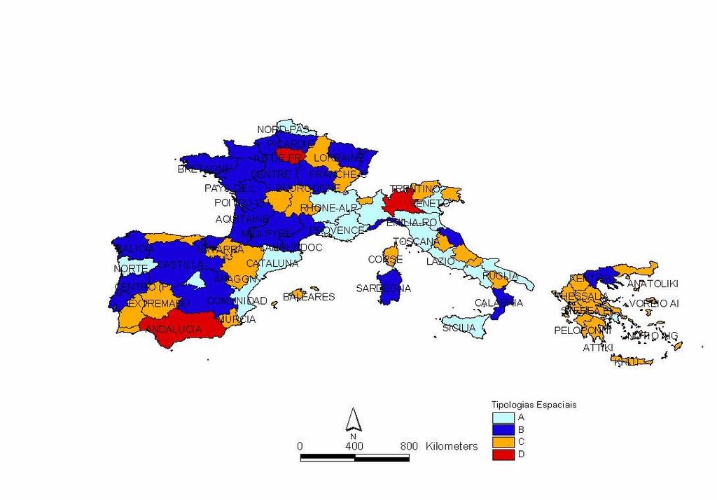 Figura 1 Áreas Homogéneas resultantes da metodologia K-means, NUTS II Fonte: GISCO, Eurostat, 2004 As quatro agregações previamente escolhidas para a análise k-means, traduzem um conjunto de áreas