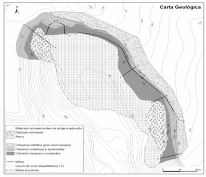 Com base nos levantamentos geológicos de pormenor foi elaborada uma carta geológica local, com relevância para os aspectos litológicos e estruturais, que se apresenta na Figura 2.