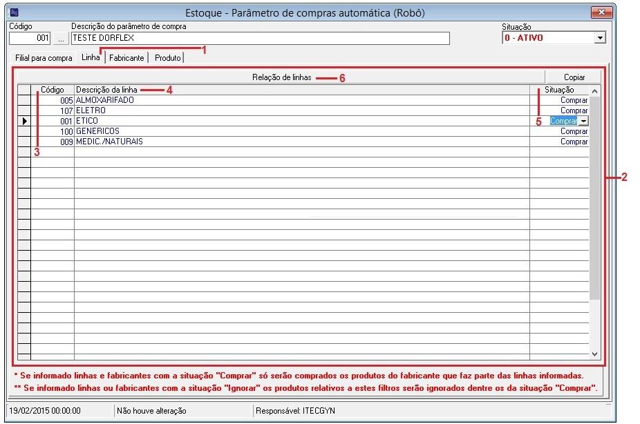 Figura 3 - Cadastro de grupo de compras 2 A próxima aba Fabricante (1) Figura 6, tem o funcionamento idêntico a aba Linha descrita acima, a única diferença é que nesta aba o que será selecionado é o