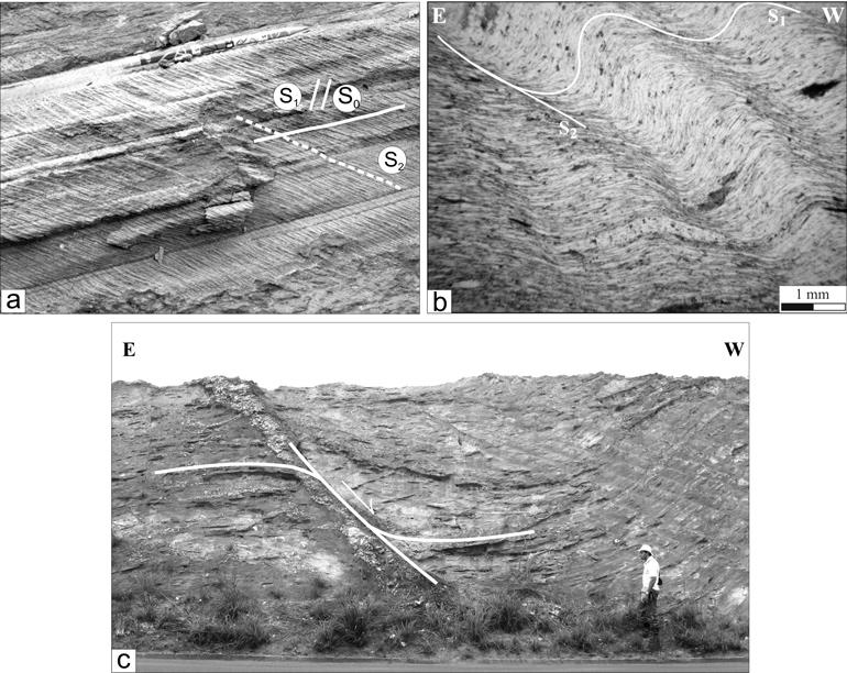 A Formação Salinas, Orógeno Araçuaí (MG): história deformacional e significado tectônico Figura 11 - Estruturas da fase D 2 : a) Expressão de S 1 paralelo a S 0, truncado pela clivagem de crenulação