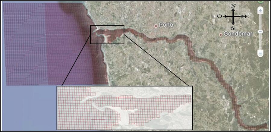 Recorrendo-se ao programa computacional de modelação da hidrodinâmica DelftD foi criado um modelo do estuário do rio Douro.