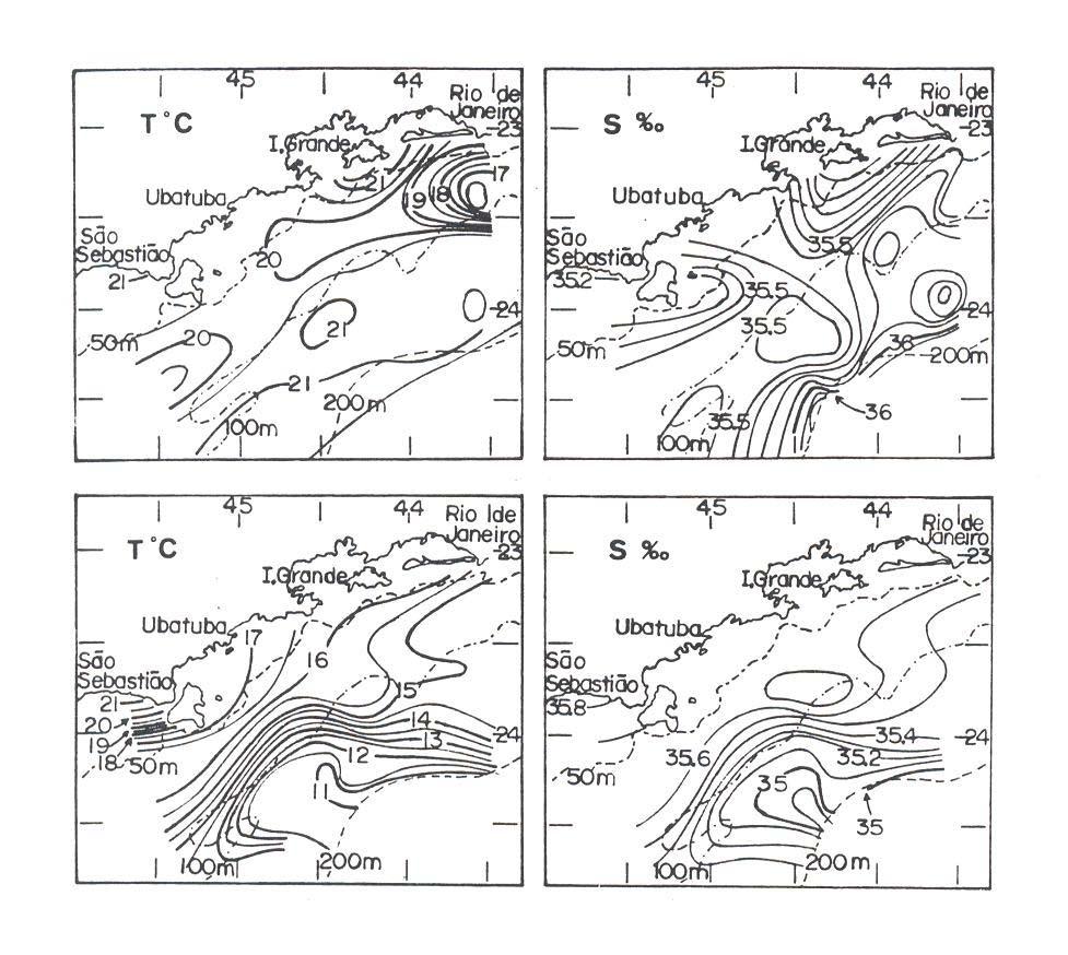 14 Figura 4: Estruturas térmica e halina na plataforma continental entre a Ilha de São Sebastião (SP) e o Rio de Janeiro (RJ), no