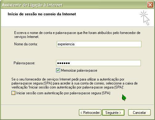 8. Se pretenderes que a palavra-passe seja memorizada, clica sobre a caixa de verificação Memorizar palavra-passe.