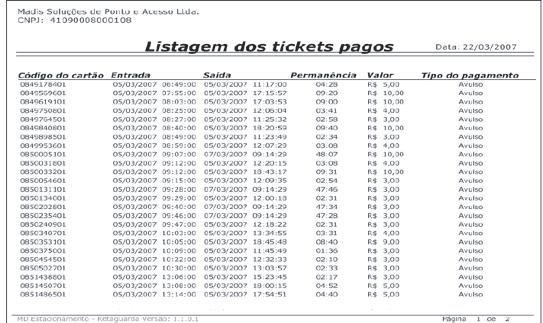 MD ESTACIONAMENTO Relatórios diversos: