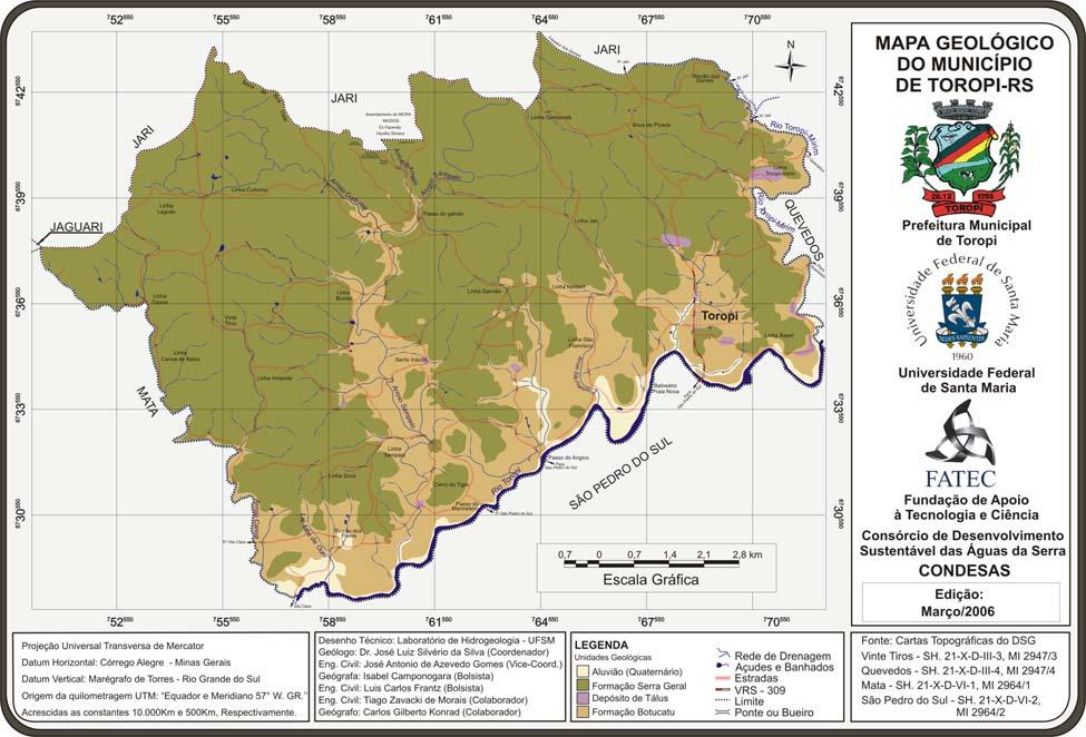 Figura 3 - Mapa Geológico do Município de Toropi-RS. No Quadro 2 apresenta-se as áreas de ocorrência de cada formação geológica mapeada no município de Toropi.