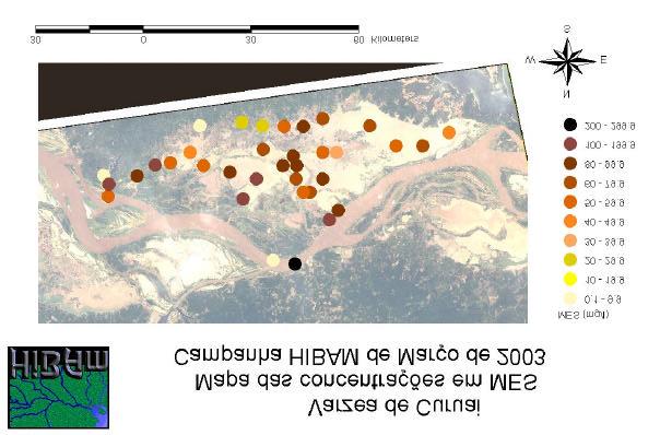 O mapa seguinte apresenta a distribuição do material em suspensão nas águas de superfície da várzea de Curuai : Os valores de concentrações em MES variaram de 1 mg/l, no lago Curumucuri (águas