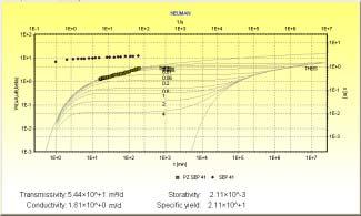 Figura 8 Gráfico com os valores calculados de condutividade hidráulica, transmissividade, coeficiente de armazenamento e capacidade específica utilizando o software Aquifer Test, método de Newman.