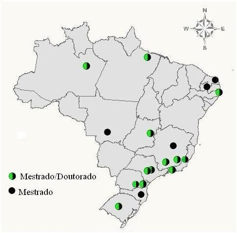 Brasil - 26 programas de pós-graduação relacionados à Engenharia Florestal e às Ciências Florestais (CAPES, 2014). Instituições com cursos de pós-graduação na área florestal, por programa e por nível.