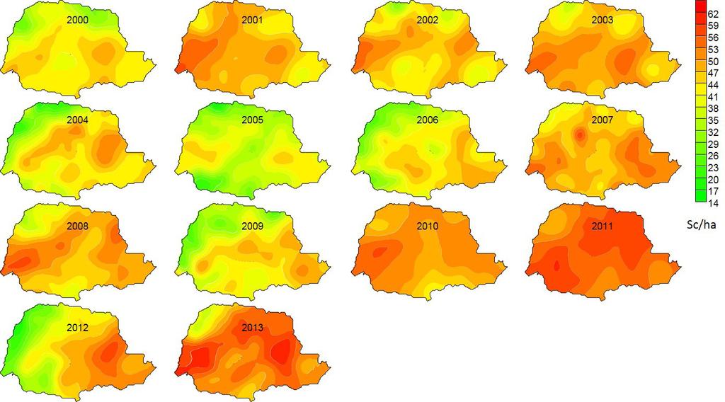 18 Variabilidade espacial e temporal da produção de soja no Paraná Figura 7. Distribuição espacial e temporal das produtividades da soja no Paraná entre a safra 1999/2000 e 2012/2013.