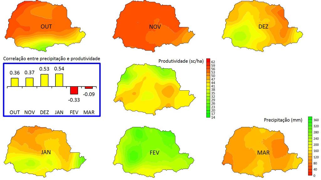 Variabilidade espacial e temporal da produção de soja no Paraná 29 grãos no mês de dezembro, o que explica a correlação positiva entre precipitação e a produtividade nesse mês.