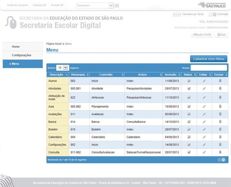 Configurações/ Menu Página para gerenciamento de itens do menu do Secretaria Escolar Digital com opções de cadastro, edição, exclusão, ativação/inativação e posicionamento hierárquico, entre outros.
