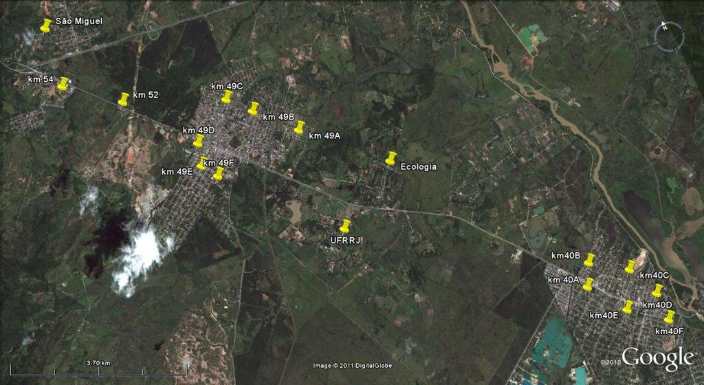 Figura 2 Localização dos pontos de coleta, em relação a cada uma das quatro áreas coletadas dentro do município de Seropédica-RJ.