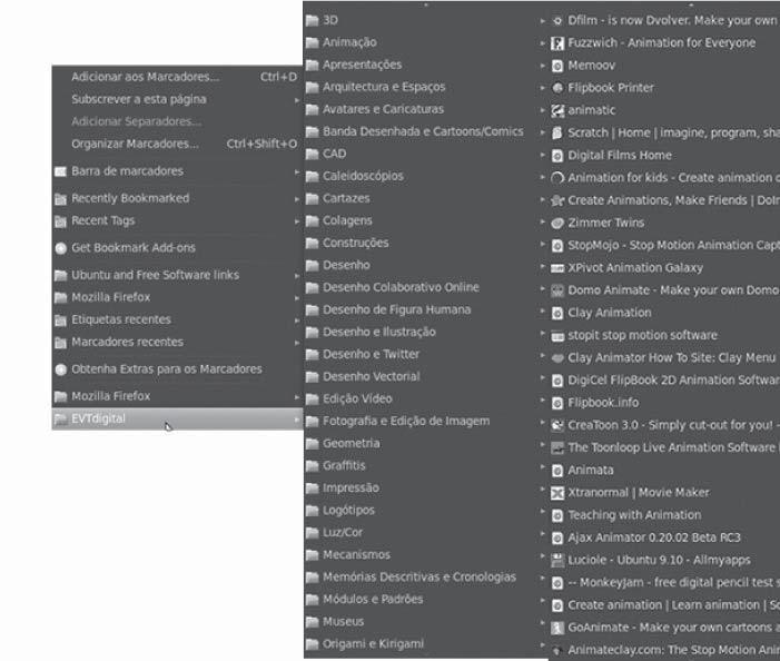 Figura 4 Marcadores do browser a utilizar no EVTux Figura 3 Alguns dos softwares já pré-instalados no EVTux No caso concreto, as categorias foram organizadas tendo em conta