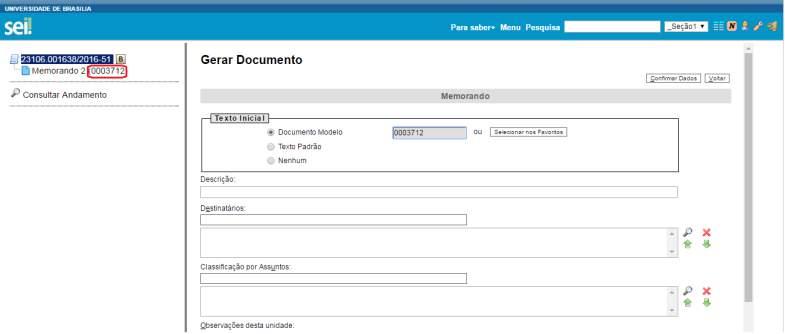 O sistema abre um campo que deverá ser preenchido com o número do documento que se deseja copiar (número SEI - aparece entre parênteses ao lado do documento na árvore).