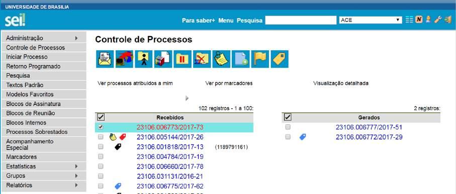 Sumário 4) Trabalho Colaborativo 4.1) Receber Processos na Unidade A tela Controle de Processos organiza todos os processos abertos na unidade em dois grupos.