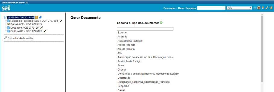 A partir da atualização do SEI na UnB, é possível realizar a localização dos tipos de documentos, por meio de um campo de pesquisa.