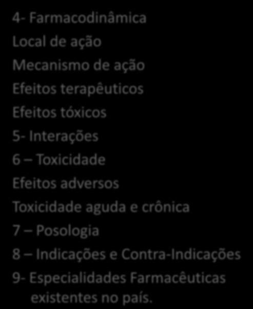 Absorção Distribuição Biotransformação (Metabolização) Eliminação (Excreção) 4- Farmacodinâmica Local de ação Mecanismo de ação