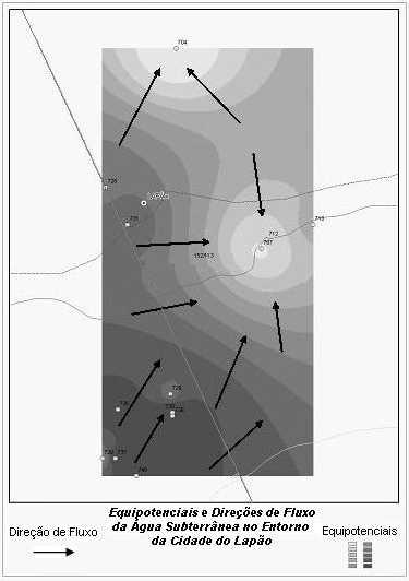 LAPÃO Figura 11 - Linhas equipotenciais e direção do fluxo da água subterrânea, mostrando uma inversão na direção do fluxo regional decorrente da dinâmica da exploração do aquífero.