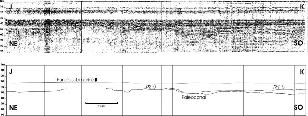 presença de gás. Figura 3 Perfil sísmico JK mostrando os mesmos sistemas de paleocanais registrados agora na linha mais afastados da costa.