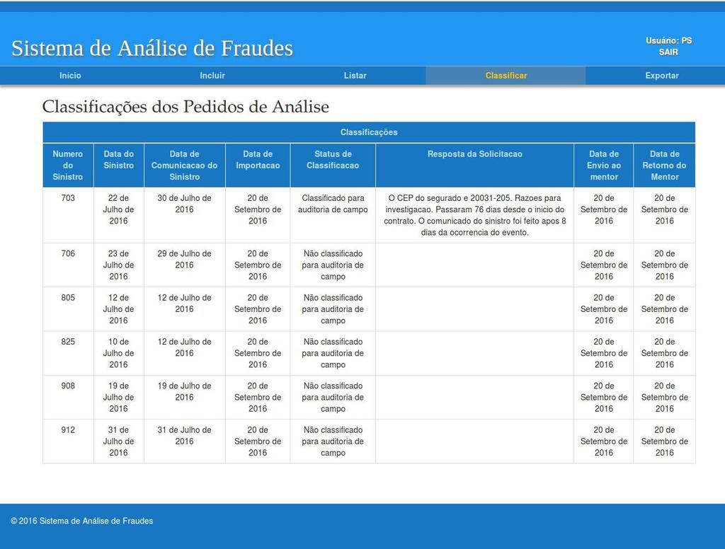 Após haver feita a solicitação de classificação dos casos de sinistros para a seguradora, o framework retorna uma tabela com os sinistros e suas classificações, podemos visualizar essa tabela na