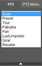 Clique na tecla Config PTZ para realizar as configurações de Scan, Preset, Tour, Patrulha, Pan, Luz/Limpador, Girar e Resetar.