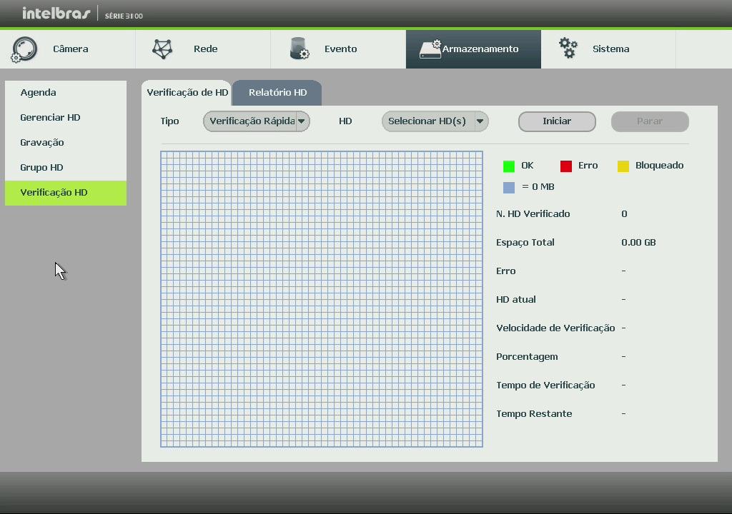 Verificação HD Verifica se o HD instalado no DVR possui algum erro. Há dois tipos de verificação: Verificação rápida: realiza a verificação com um nível baixo de detalhamento.