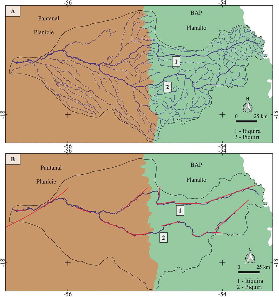 Também é condicionado por lineamentos estruturais e apresenta-se assimétrico. Figura 12 A. Drenagem que compõe a Bacia Hidrográfica do rio Itiquira.