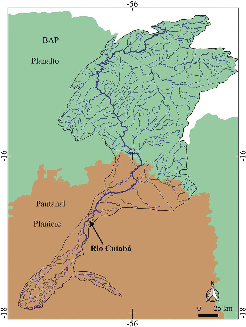 Figura 14 A Bacia Hidrográfica do rio Cuiabá, assim como a do rio São Lourenço, sofre um estrangulamento ao adentrar o Pantanal, apresentando também assimetria. rios possuem controle estrutural.