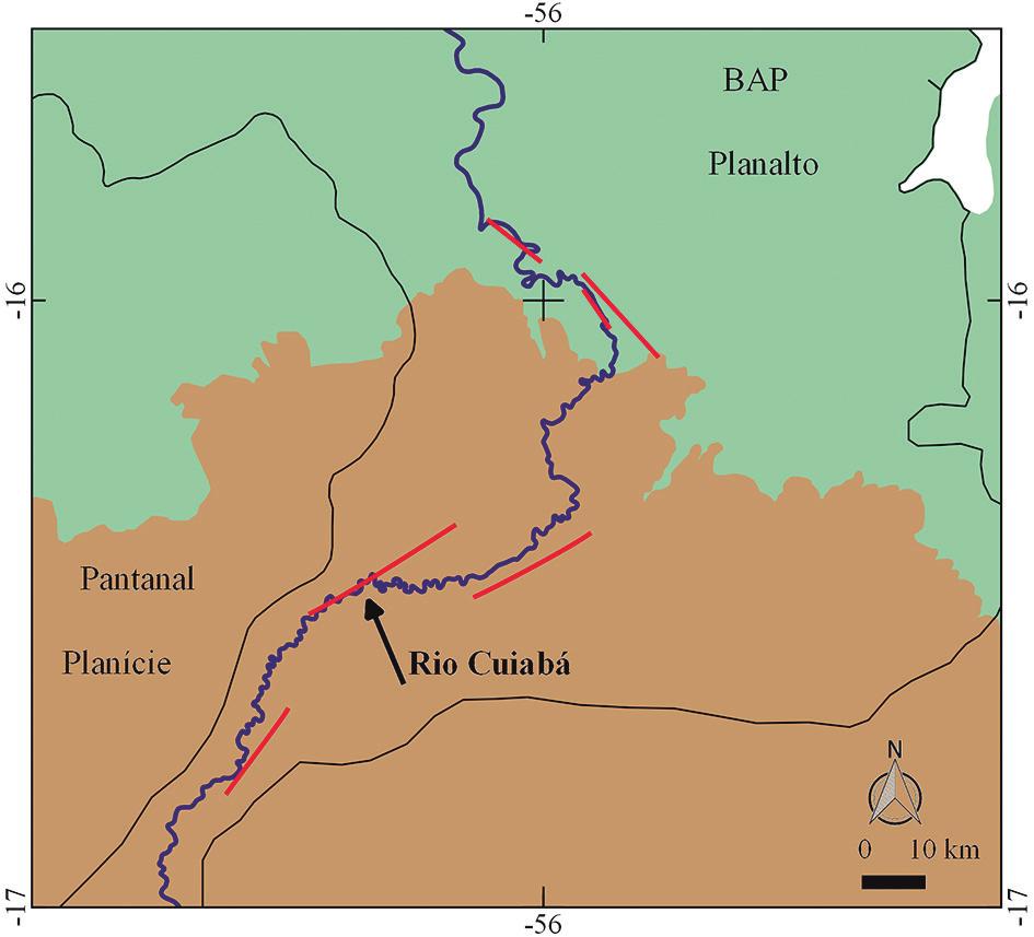 Figura 15 O rio Cuiabá, à medida que flui para o rio Paraguai, mostra-se confinado em estruturas, tornando-se meandrante na planície pantaneira. 6 Referências Ab Saber, A.N. 1988.