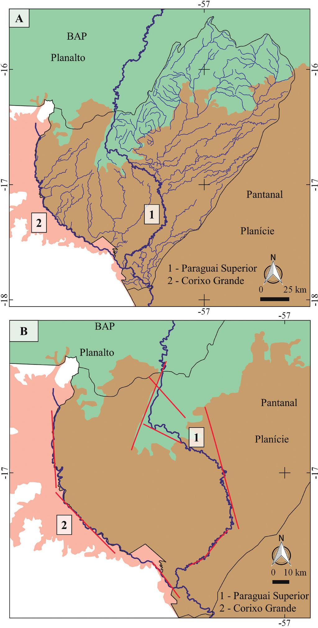 Figura 16 A. Bacia Hidrográfica do Paraguai Superior e seu padrão de drenagem assimétrico.