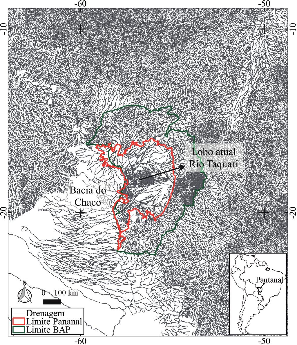 Controle Estrutural Sobre a Hidrografia do Pantanal, Brasil Figura 3 A rede hidrográfica do Pantanal quando comparada à malha hidrográfica do entorno destoa-se intensamente.