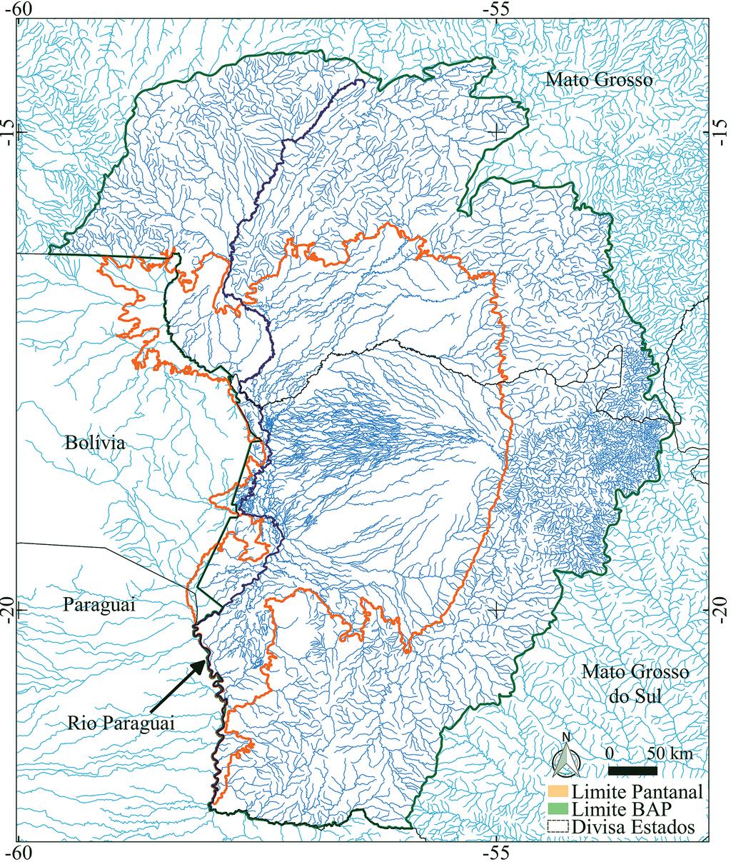 Controle Estrutural Sobre a Hidrografia do Pantanal, Brasil Figura 4 Na região de planalto, o padrão da drenagem da BAP (limite em verde) diferencia-se consideravelmente da drenagem da planície