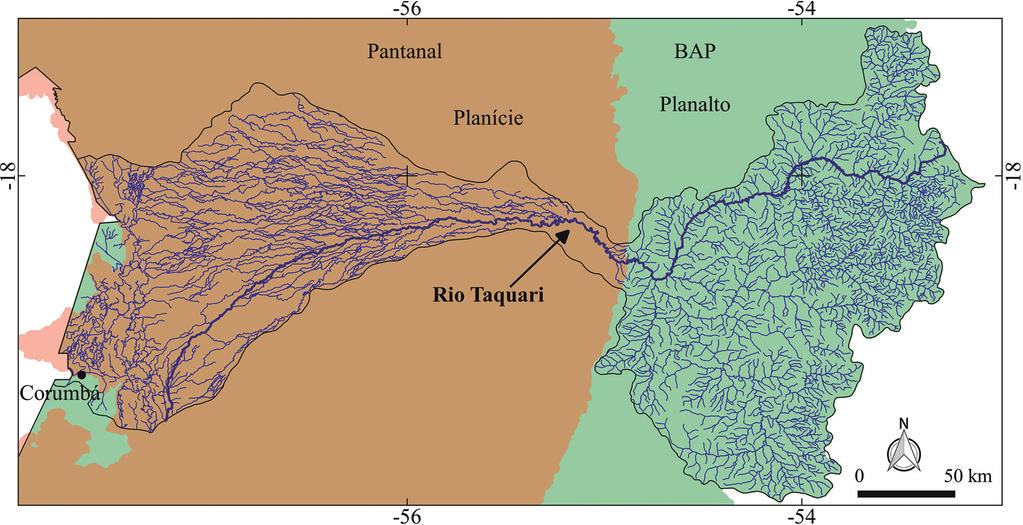 Controle Estrutural Sobre a Hidrografia do Pantanal, Brasil Figura 6 Bacia Hidrográfica do rio Taquari (visualizado em azul escuro). Na região do planalto sua drenagem é tributária.