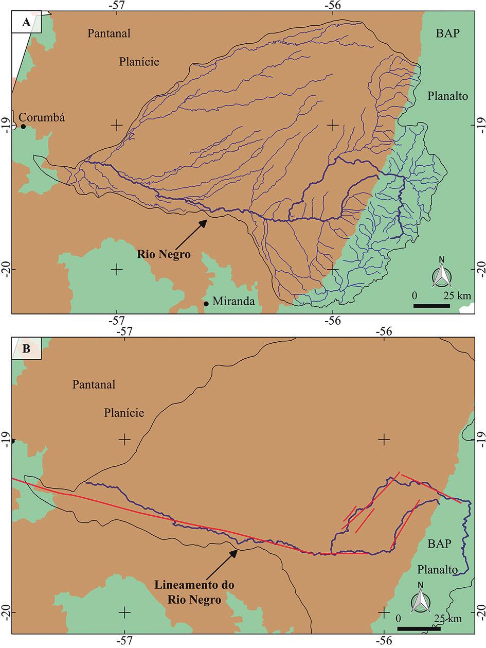 Figura 8 A. A maior parte da Bacia do rio Negro encontra-se dentro do Pantanal, caracterizada por padrão radial (região do leque do rio Taquari).