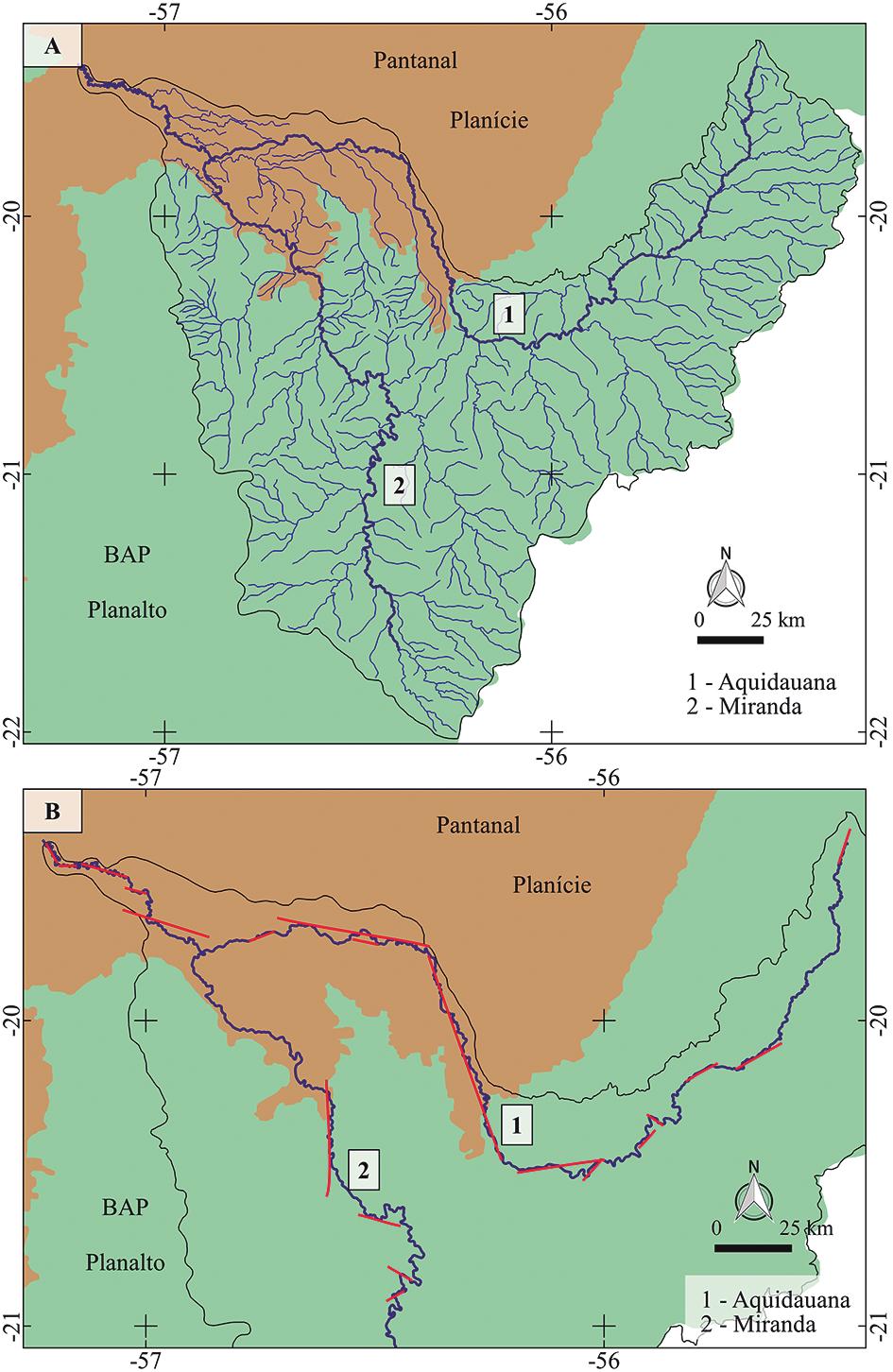 Controle Estrutural Sobre a Hidrografia do Pantanal, Brasil Figura 9 A. Drenagem da Bacia Hidrográfica do rio Miranda.