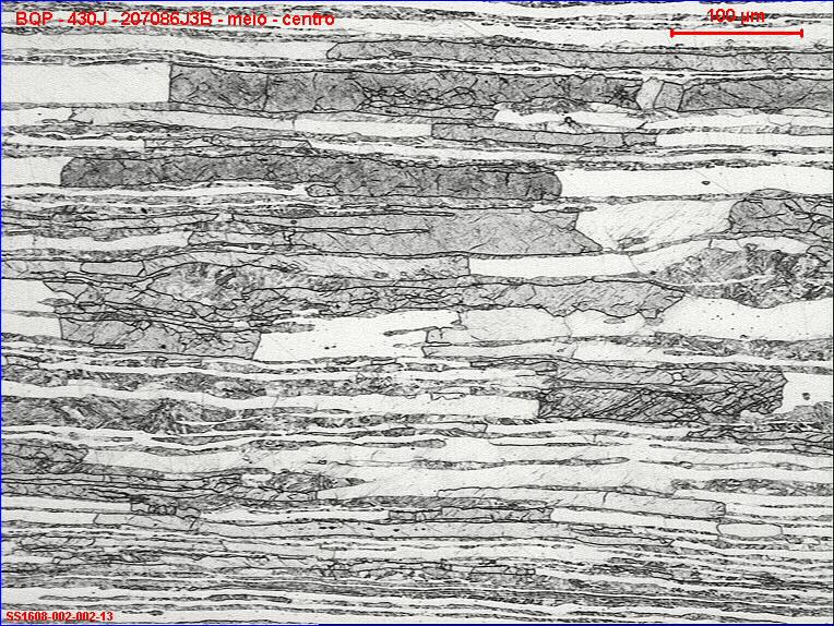 71 CAPÍTULO 5: RESULTADOS E DISCUSSÃO 5.1 Microestrutura do Aço 430J Após Laminação a Quente A estrutura da amostra laminada a quente no processo industrial, figura 5.