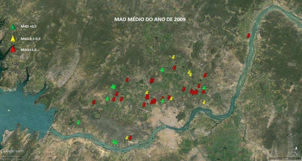 Figura 12 MAD médio no ano 2009, em 44 propriedades cultivadas com manga no município de Petrolina, PE.